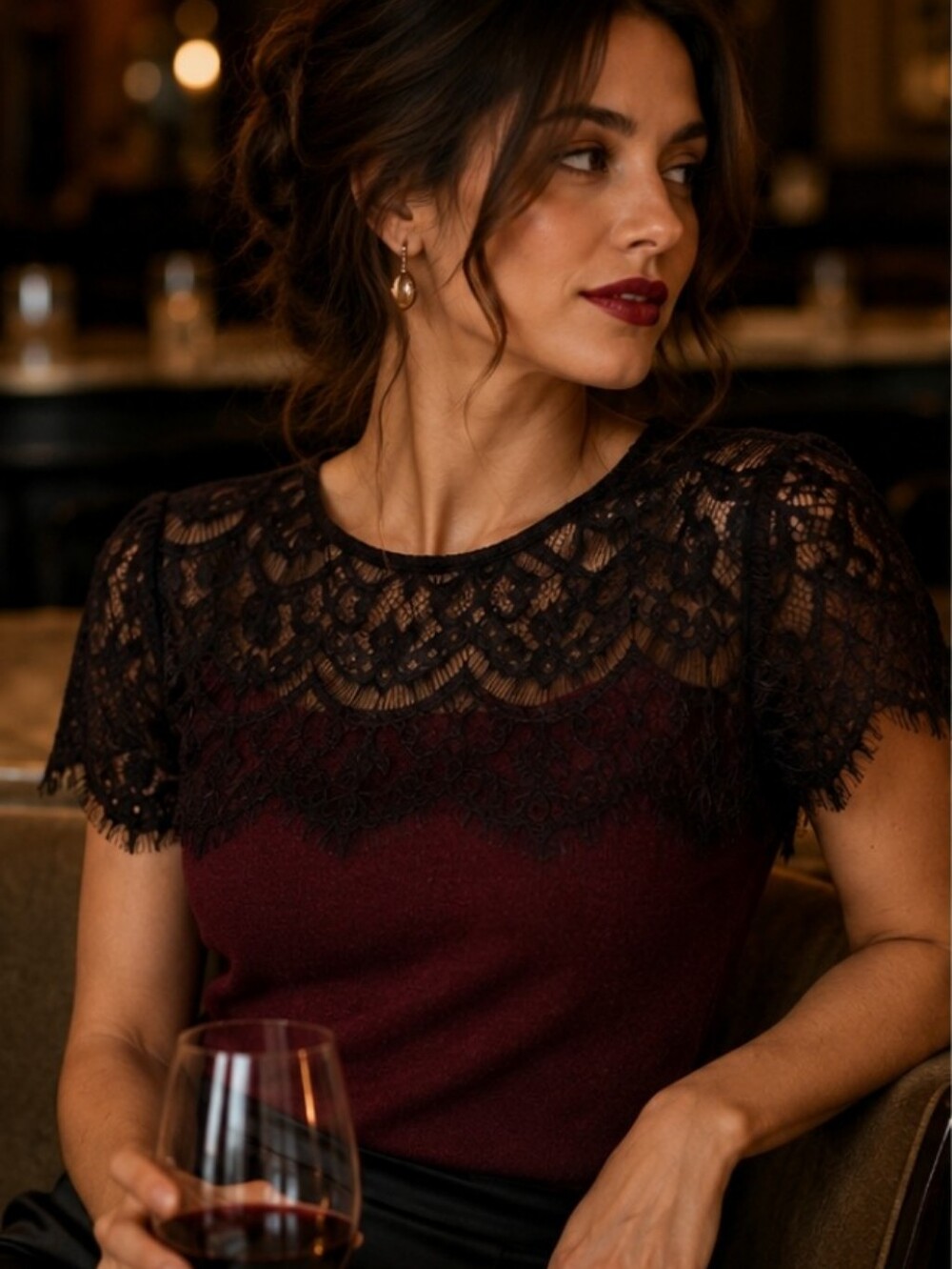 Elegant Ann Taylor Burgundy Sweater with Black Eyelash Lace Bodice Cap Sleeves L